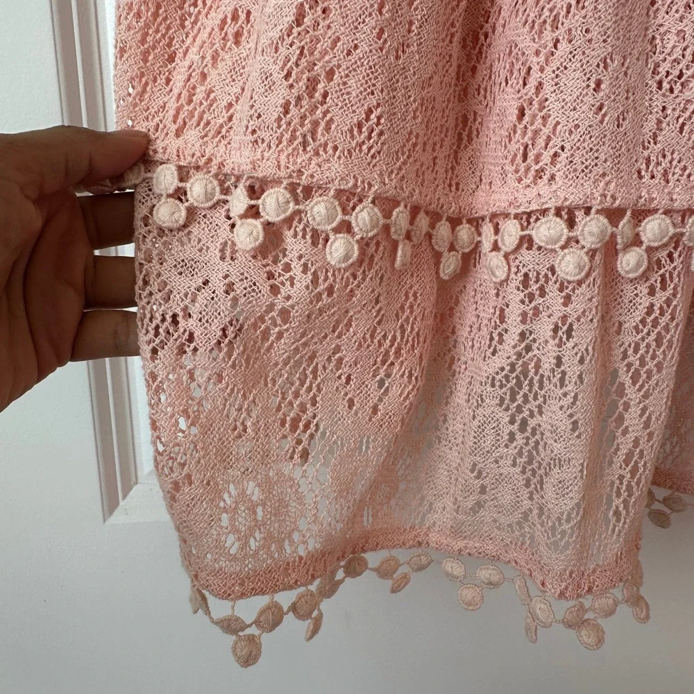 Free People Peach Lace Tiered Babydoll Tank Top Pom Pom Trim Large OB404741